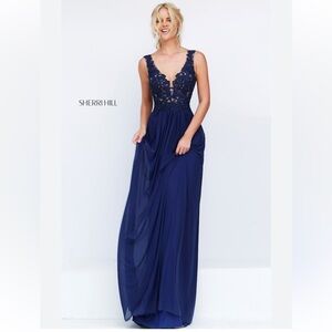 Sherri Hill Navy Blue Lace Halter Sparkle Chiffon Long Maxi Prom Gown Size 4